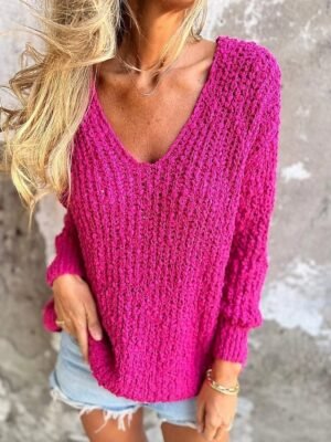 Elegant Fuzzy Knit V Neck Long Sleeve Sweater - Image 1