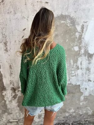 Elegant Fuzzy Knit V Neck Long Sleeve Sweater - Image 3