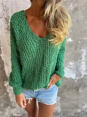 Elegant Fuzzy Knit V Neck Long Sleeve Sweater - Image 4