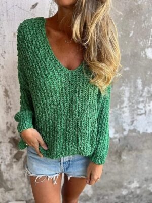 Elegant Fuzzy Knit V Neck Long Sleeve Sweater - Image 5