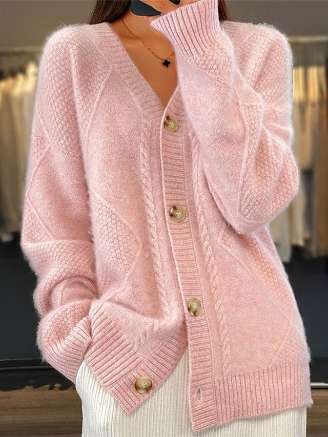 Elegant Long Cable Knit V Neck Long Sleeve Cardigan - Image 1