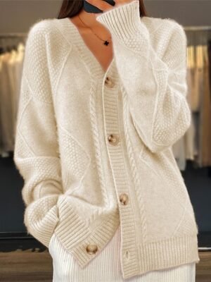 Elegant Long Cable Knit V Neck Long Sleeve Cardigan - Image 4