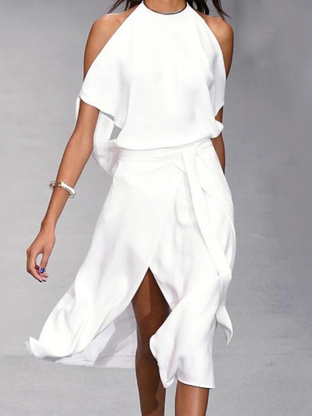 Elegant Loose Cold Shoulder Midi Split Dress - Image 1