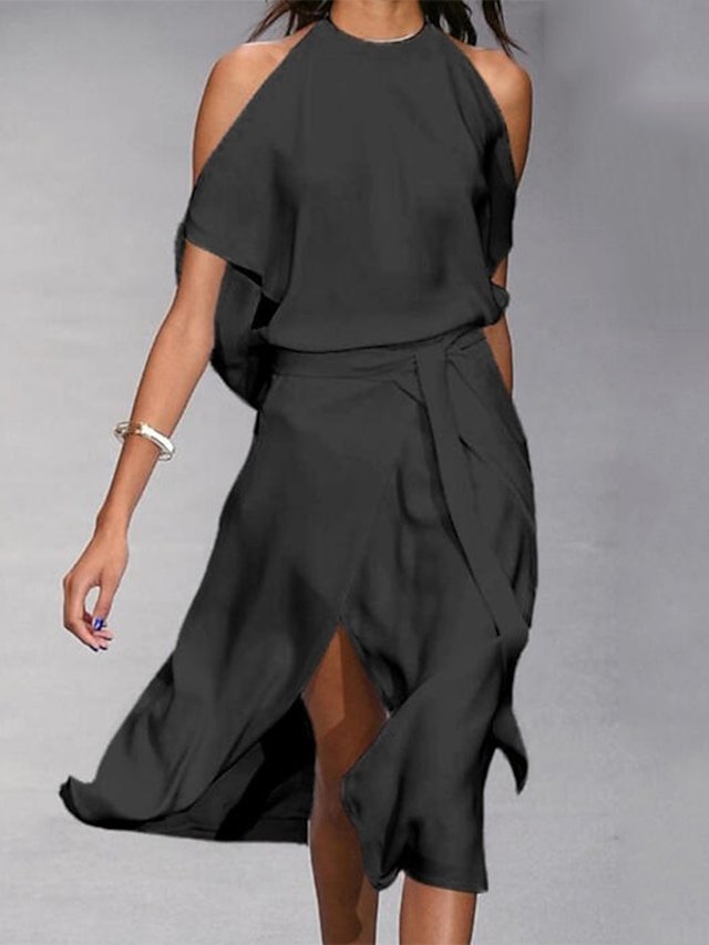 Elegant Loose Cold Shoulder Midi Split Dress - Image 2