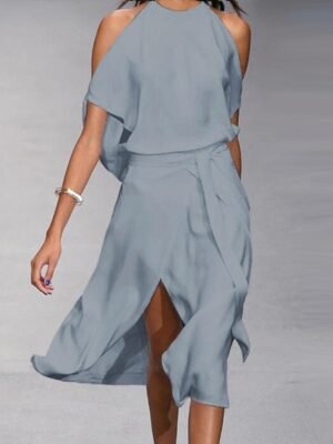 Elegant Loose Cold Shoulder Midi Split Dress - Image 3