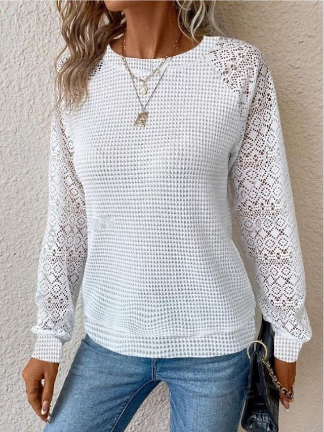 Elegant Loose Eyelet Crew Neck Long Sleeve Sweatshirt - Image 1