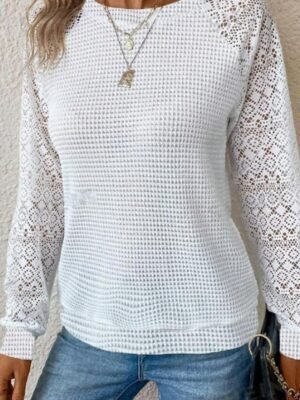 Elegant Loose Eyelet Crew Neck Long Sleeve Sweatshirt - Image 3