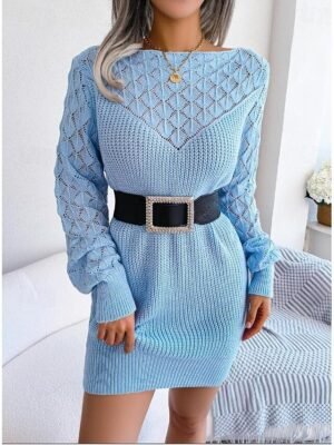 Elegant Loose Fit Plain Crew Neck Long Sleeve Mini Sweater Dress - Image 15