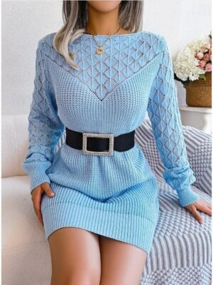 Elegant Loose Fit Plain Crew Neck Long Sleeve Mini Sweater Dress - Image 17
