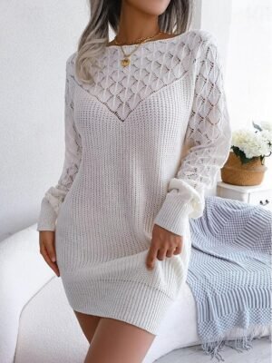 Elegant Loose Fit Plain Crew Neck Long Sleeve Mini Sweater Dress - Image 8