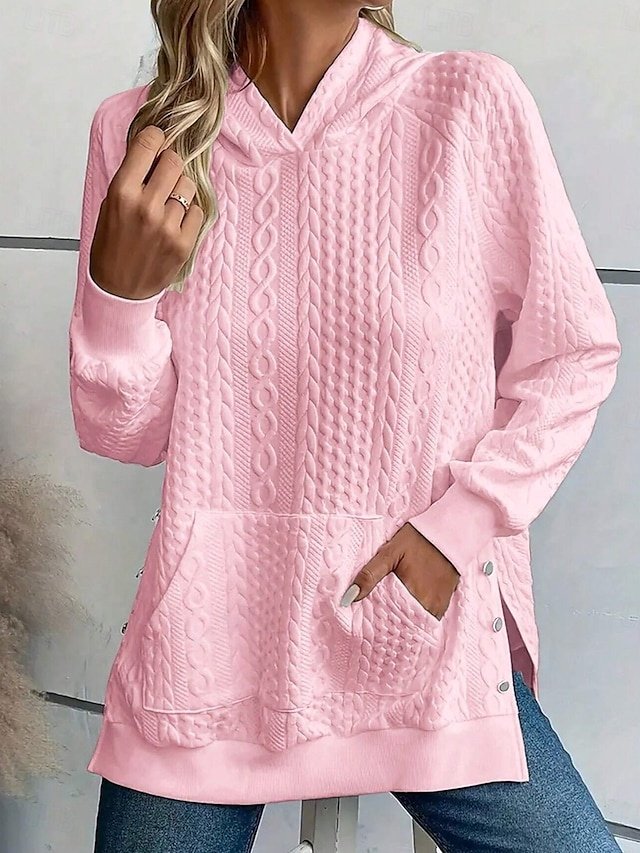 Elegant Loose Fit Plain Hooded Long Sleeve White Pink Hoodie - Image 1