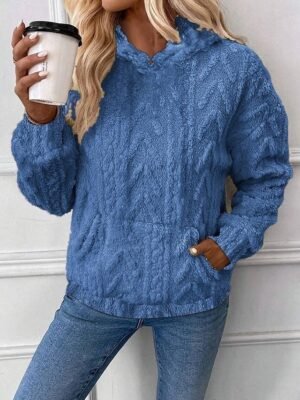 Elegant Loose Fit Plain Hooded Long Sleeve Fleece Hoodie - Image 6