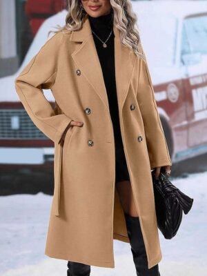 Elegant Loose Fit Solid Colour Turndown Long Sleeve Double Breasted Winter Coat - Image 2