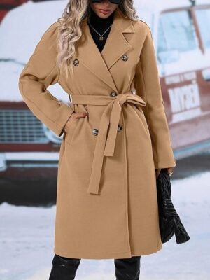 Elegant Loose Fit Solid Colour Turndown Long Sleeve Double Breasted Winter Coat - Image 3