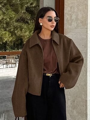 Elegant Loose Fit Solid Turndown Long Sleeve Short Jacket - Image 2