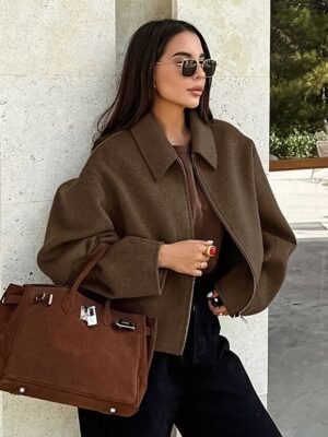 Elegant Loose Fit Solid Turndown Long Sleeve Short Jacket - Image 3