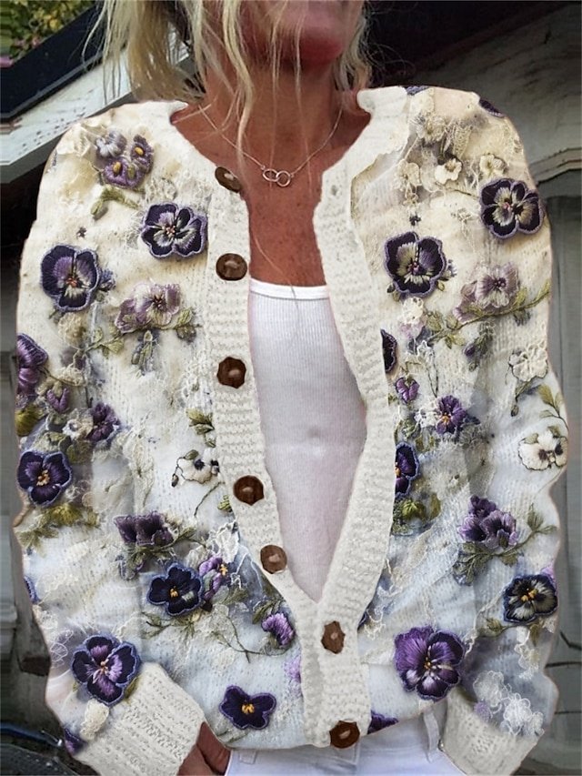 Elegant Loose Floral Crew Neck Long Sleeve Regular Cardigan - Image 1