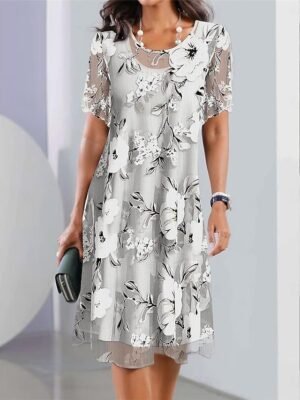 Elegant Loose Floral Mesh Crew Neck Short Sleeve Midi Dress - Image 1