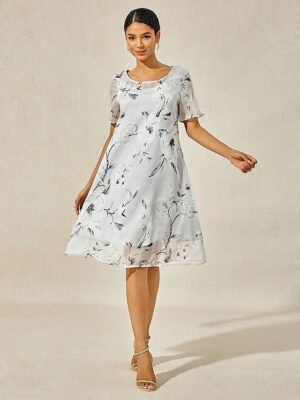Elegant Loose Floral Mesh Crew Neck Short Sleeve Midi Dress - Image 3