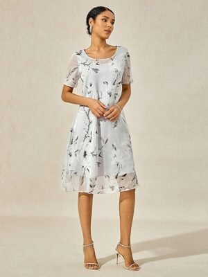 Elegant Loose Floral Mesh Crew Neck Short Sleeve Midi Dress - Image 4
