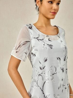 Elegant Loose Floral Mesh Crew Neck Short Sleeve Midi Dress - Image 5