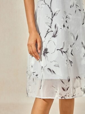 Elegant Loose Floral Mesh Crew Neck Short Sleeve Midi Dress - Image 6