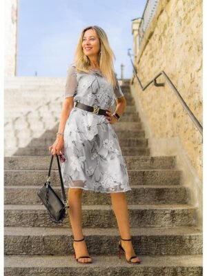 Elegant Loose Floral Mesh Crew Neck Short Sleeve Midi Dress - Image 8