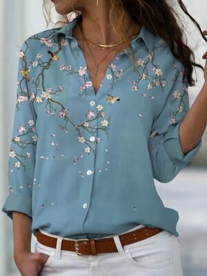 Elegant Loose Floral Print Shirt Collar Long Sleeve Blouse - Image 1