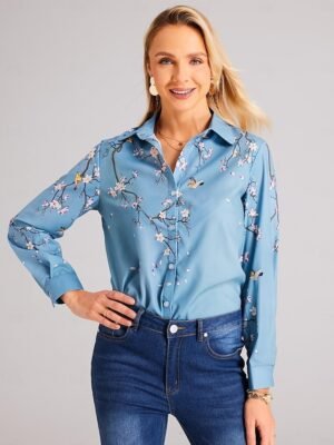 Elegant Loose Floral Print Shirt Collar Long Sleeve Blouse - Image 2