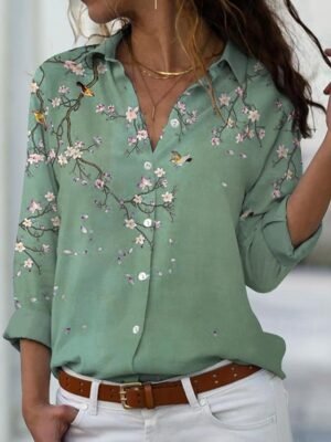 Elegant Loose Floral Print Shirt Collar Long Sleeve Blouse - Image 4