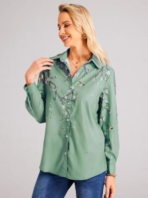 Elegant Loose Floral Print Shirt Collar Long Sleeve Blouse - Image 5