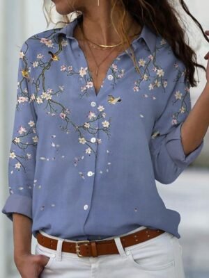 Elegant Loose Floral Print Shirt Collar Long Sleeve Blouse - Image 6