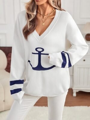 Elegant Loose Graphic V Neck Long Sleeve Long Sweater - Image 1