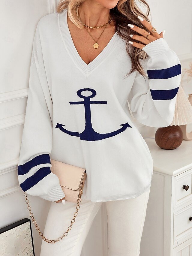 Elegant Loose Graphic V Neck Long Sleeve Long Sweater - Image 2