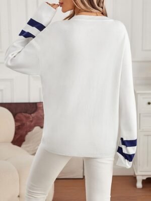 Elegant Loose Graphic V Neck Long Sleeve Long Sweater - Image 3