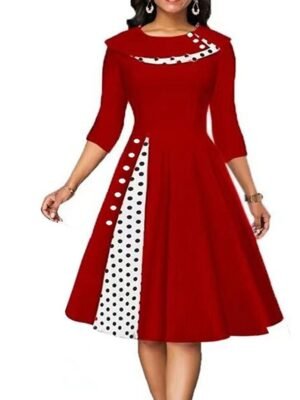 Elegant Loose Plaid Polka Dot Crew Neck Half Sleeve Knee Length Dress - Image 5
