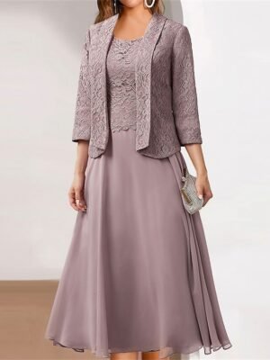 Elegant Loose Plain Crew Neck 3/4 Sleeve Midi Dress Set - Image 1