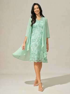 Elegant Loose Plain Crew Neck 3/4 Sleeve Midi Dress Set - Image 14