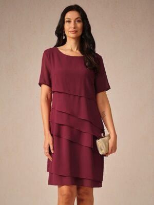 Elegant Loose Plain Short Sleeve Chiffon Midi Dress - Image 4