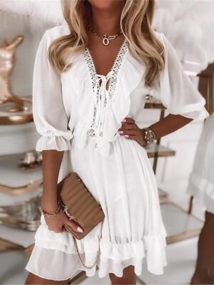 Elegant Loose Plain V Neck Half Sleeve Mini Dress - Image 1