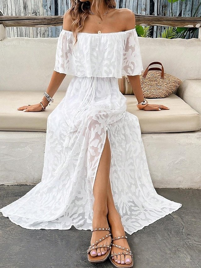 Elegant Loose Solid Off Shoulder Ruffle Short Sleeve Maxi Dress - Image 1
