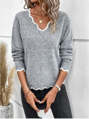Elegant Loose Solid Scalloped Long Sleeve Sweater - Image 3