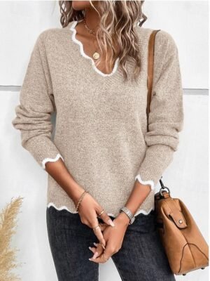 Elegant Loose Solid Scalloped Long Sleeve Sweater - Image 4