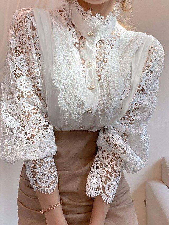 Elegant Loose Solid Shirt Collar Long Sleeve Lace Blouse - Image 1
