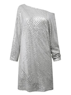 Elegant Loose Sparkle One Shoulder Three-Quarter Sleeve Above-Knee Shift Dress - Image 3