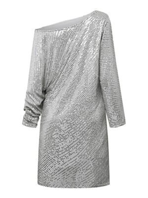Elegant Loose Sparkle One Shoulder Three-Quarter Sleeve Above-Knee Shift Dress - Image 4