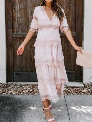 Elegant Maxi Lace V Neck Half Sleeve Dress - Image 1