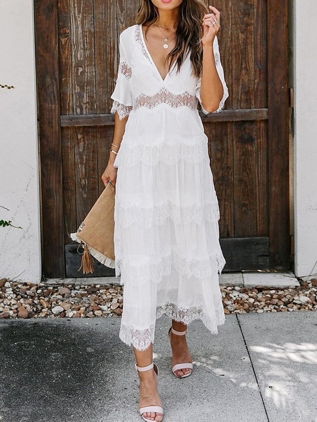 Elegant Maxi Lace V Neck Half Sleeve Dress - Image 2