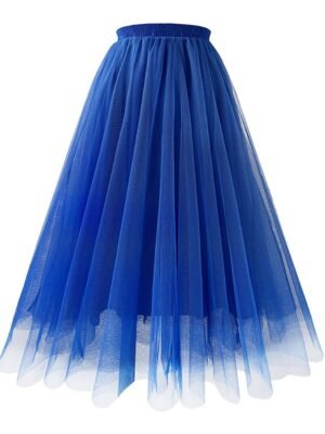 Elegant Maxi Solid High Waist Layered Tulle Skirt - Image 3