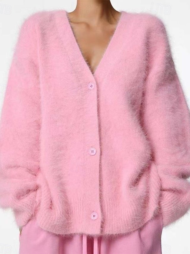 Elegant Oversized Solid V Neck Long Sleeve Cardigan - Image 1